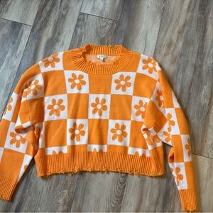 New Orange Floral Checkered Sweater